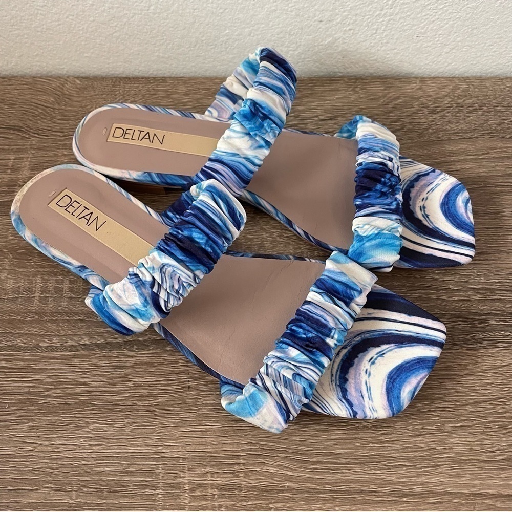 Deltan Cora Blue Marbled Elastic Strap Slip-on Square Toe Sandals, Size 8.5